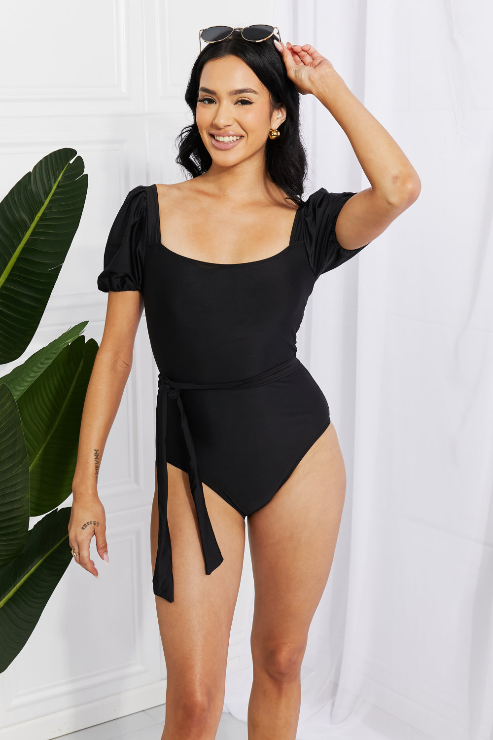 SUN AND SAND  Marina West Swim Salty Air Puff Sleeve One-Piece in Black