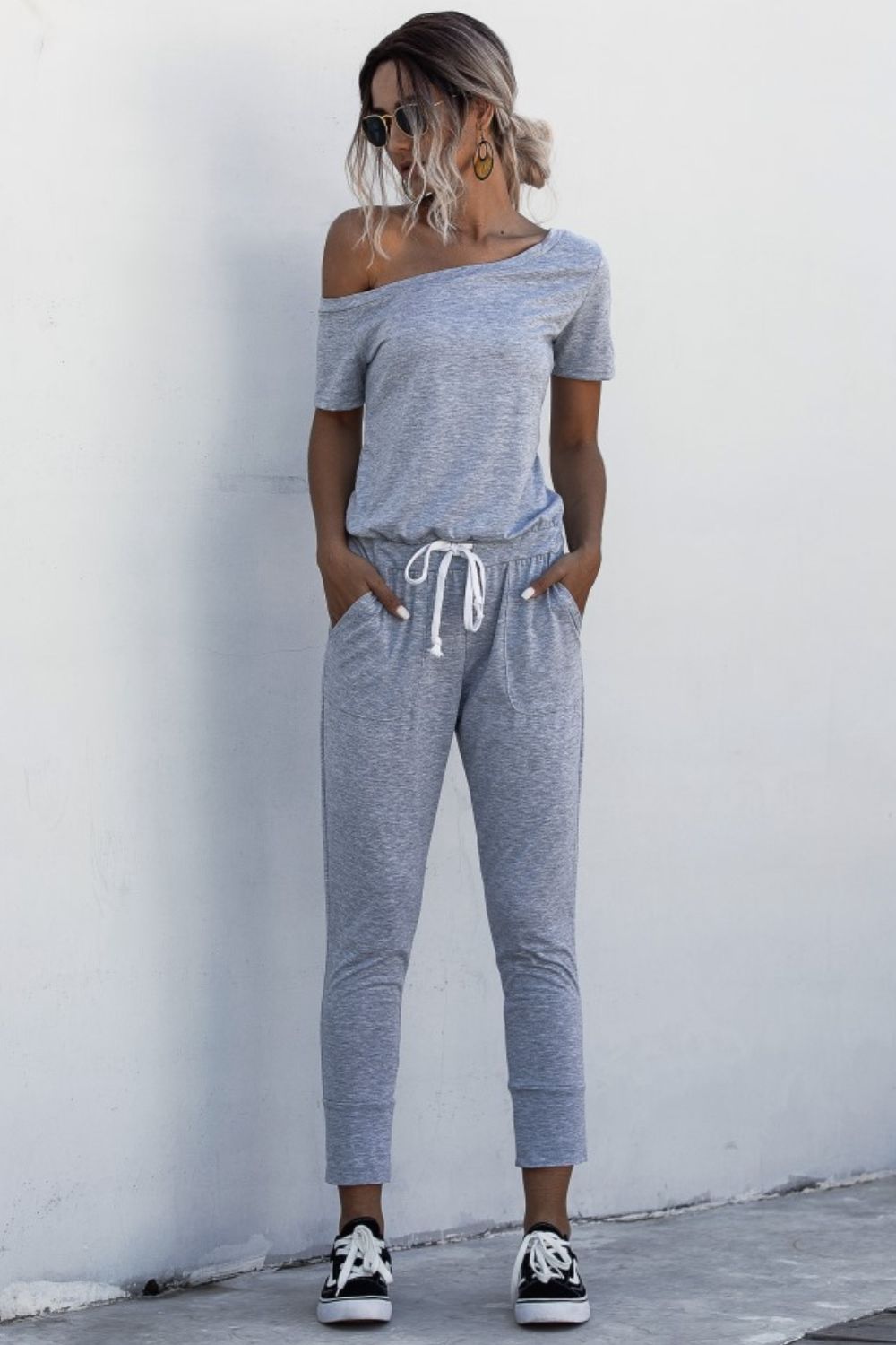 JUMPER ROMPER Asymmetrical Neck Tied Jumpsuit with Pockets